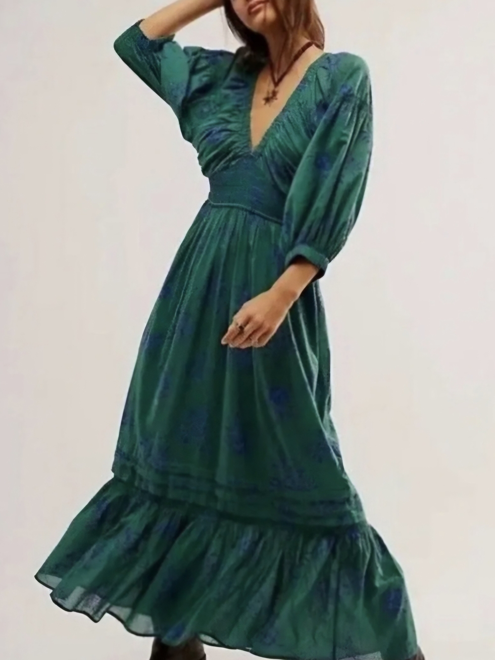 Free People Golden Hour Emerald Green V-Neck Maxi Dress with Puff Sleeves Xl
